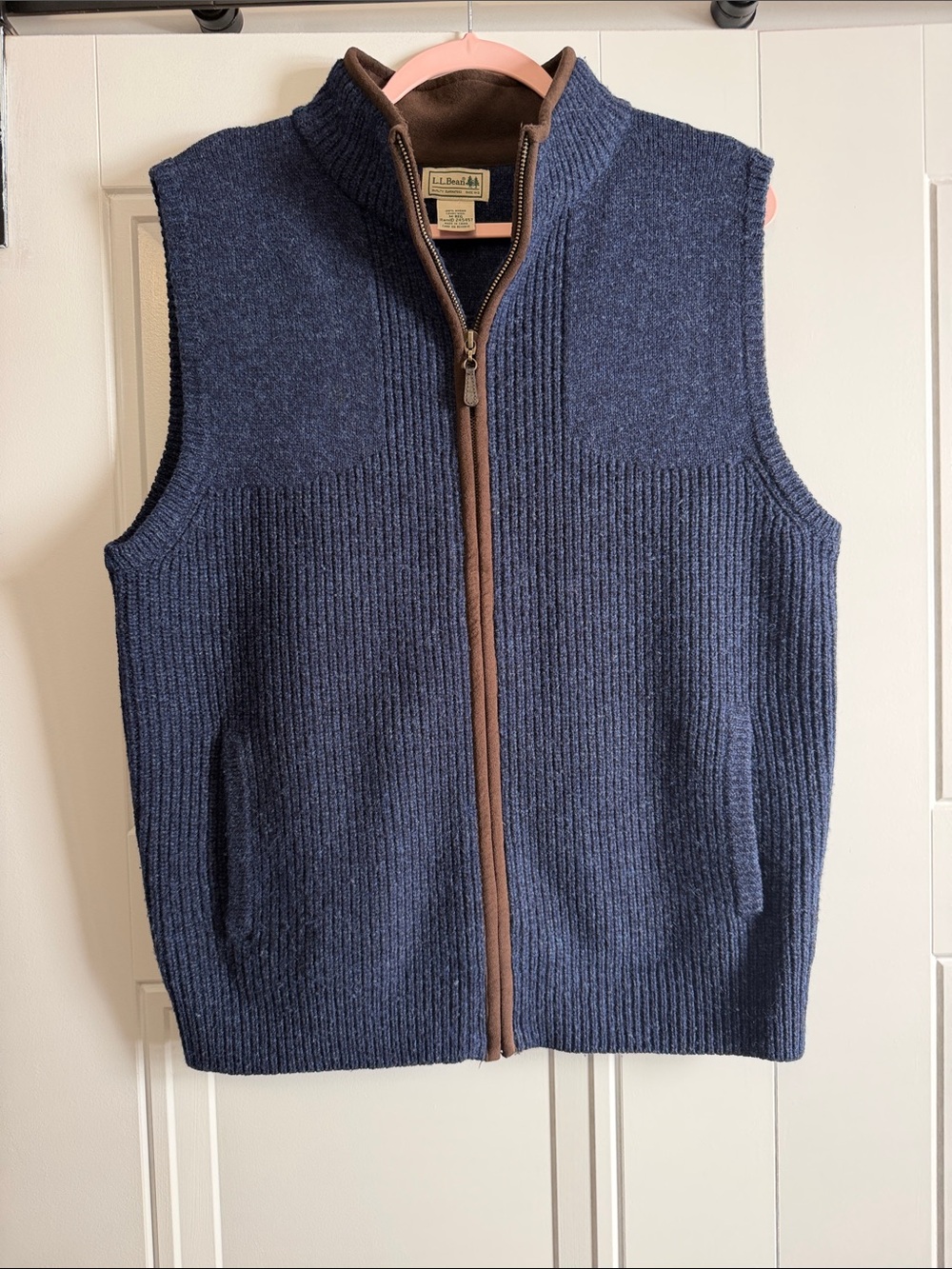 L.L. Bean Navy 100% Lambswool Ribbed Zip Vest with Brown Trim